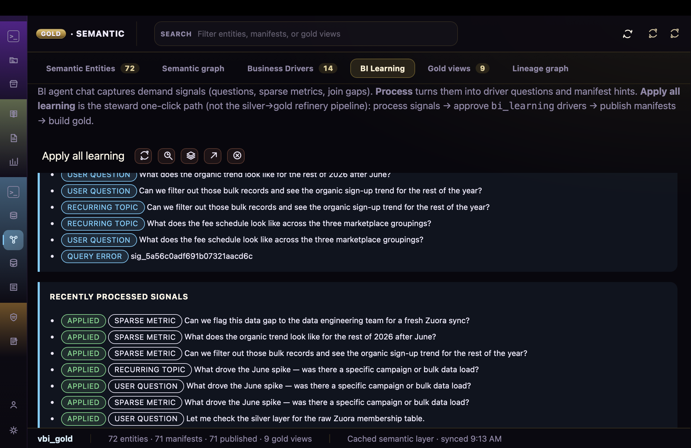 BI learning — gold that improves from real questions